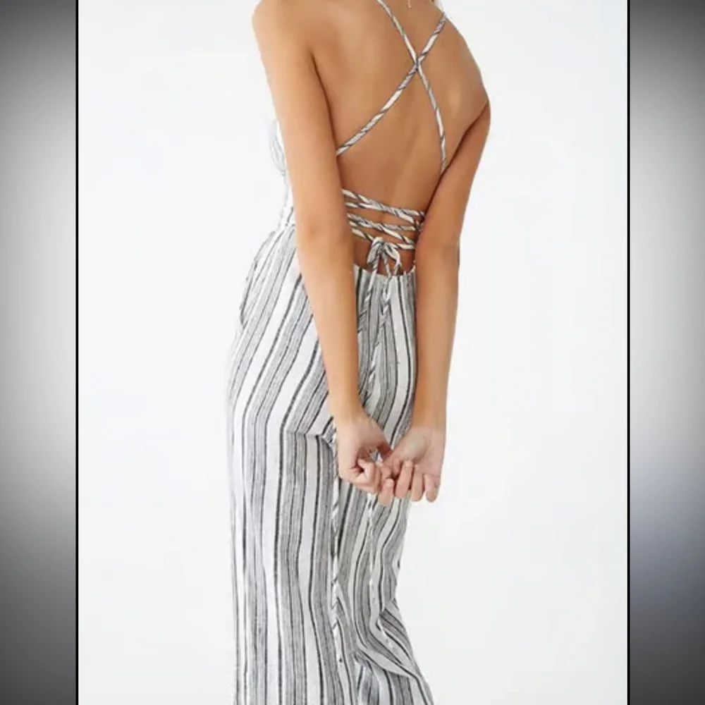 Nwt Forever 21 Criss Cross Tie Back Jumpsuit Stripes Small Linen Cotton